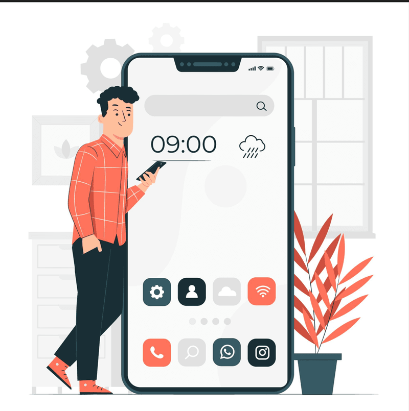 Illustration of man holding a smartphone, leaning on one and doing his work remotely.