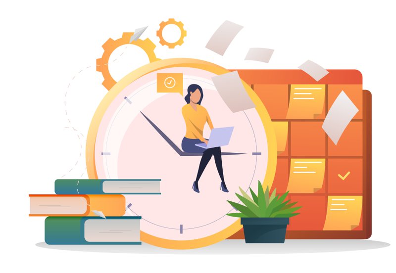 Female student studying with laptop. Clock, stack of books, note board, papers. Time management concept. Vector illustration for topics like education, training, development